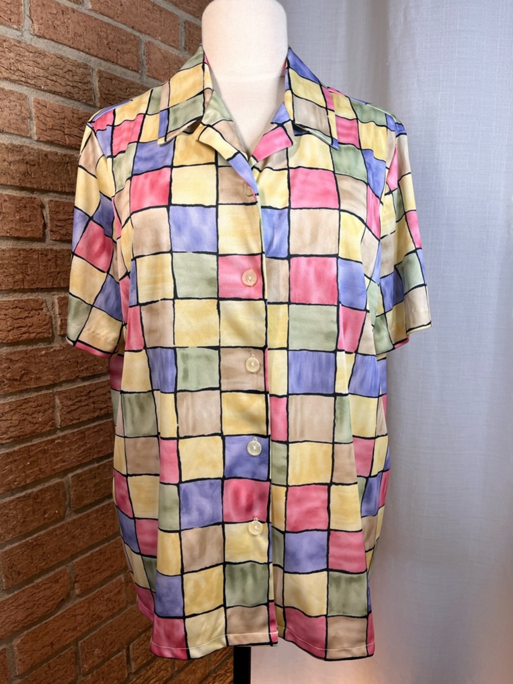 Vintage Blair Patchwork Button Front Shirt Large 90s Colorful Boxy Retro Top